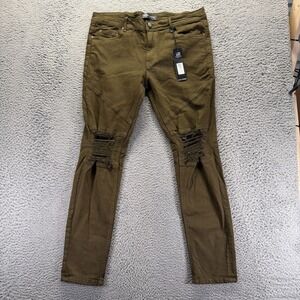 Hyper Denim Jeans Mens 36x32 Green Cotton Tapered Leg Slim Stretch Distressed